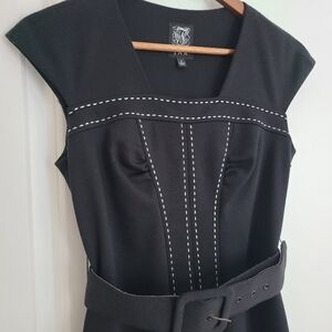 Jax Black Belted Cap Sleeve Dress with White Stitching Size 2